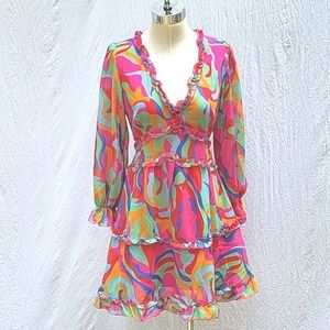 Ladies backless dress, v-neck, multicolor, sheer, lined, ruffle, boho,  M